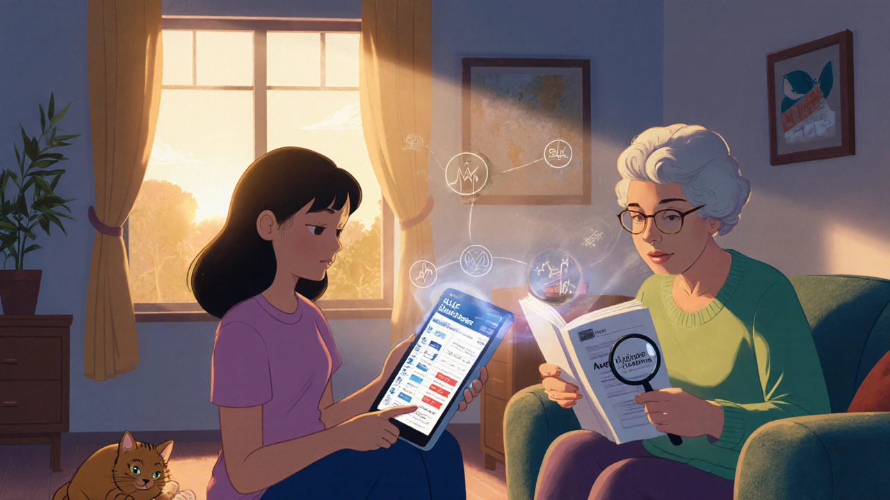 A family reviews a drug warning update on a tablet while an elder checks a medication guide, with translucent safety changes visible, Disney style.