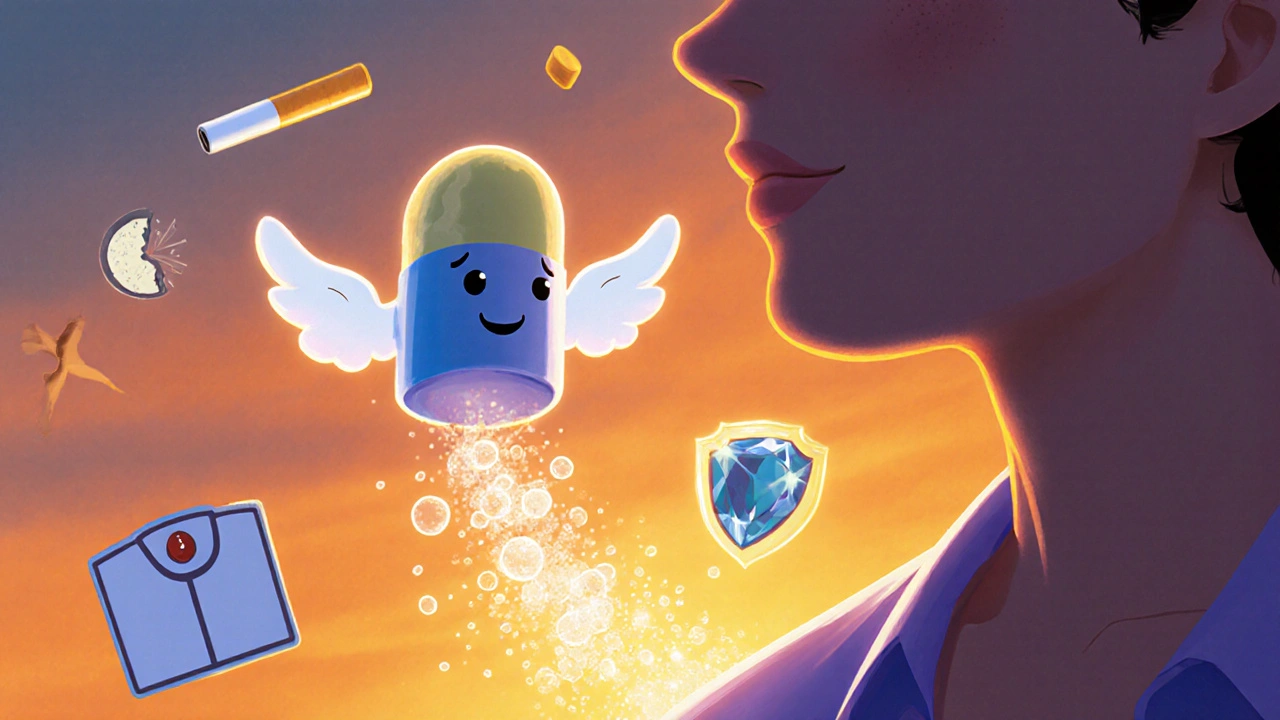 A friendly Cytosponge pill flies toward a throat, transforming cells into a protective shield as lifestyle changes glow nearby.