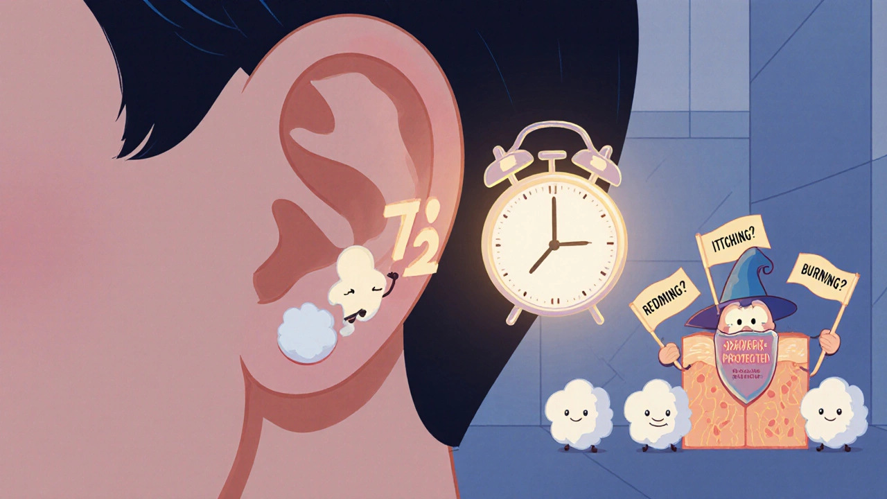 A hand applying moisturizer behind the ear with a glowing 72-hour clock and anxious skin cells hiding behind cotton balls.