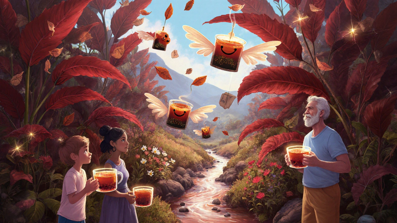 A magical forest of red bush plants with floating tea leaf creatures and people enjoying tea under glowing skies.