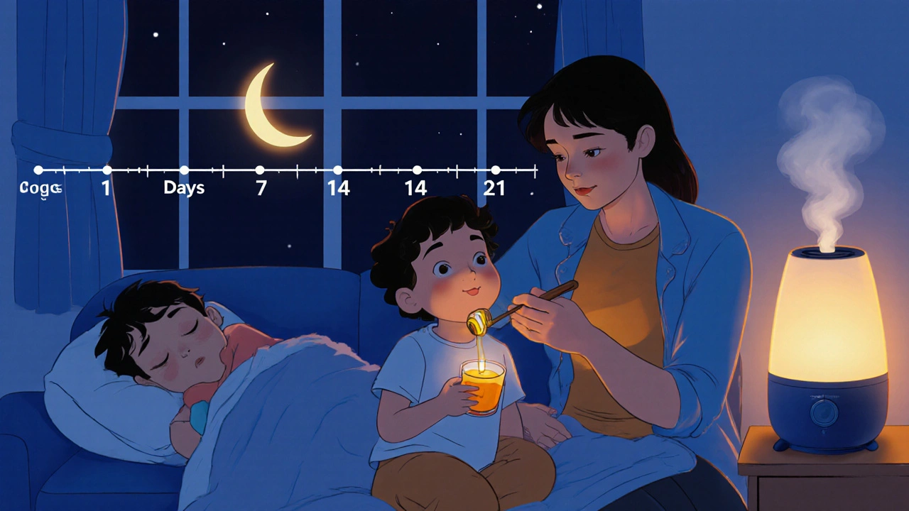 A parent gives honey to a child at night with a humidifier glowing nearby in a warm, peaceful room.