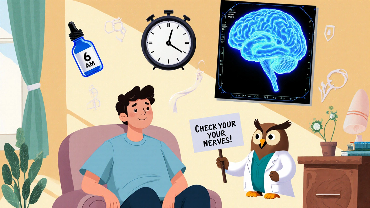 A patient surrounded by floating health icons including an eye drop, clock, OCT scan, and brain with fluid pressure, guided by a wise owl.