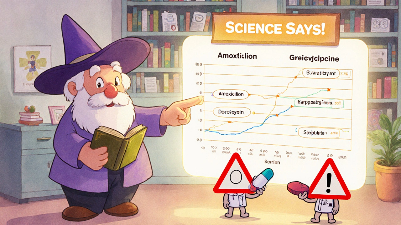 A pharmacist pointing to a chart showing hormone levels unaffected by common antibiotics.