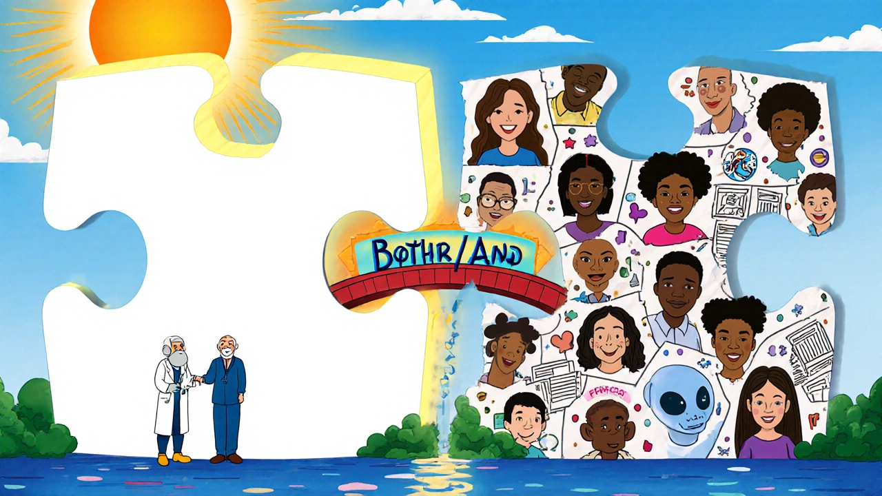 A puzzle merging clean clinical trial data with messy real-world health records, joined by a doctor and AI.