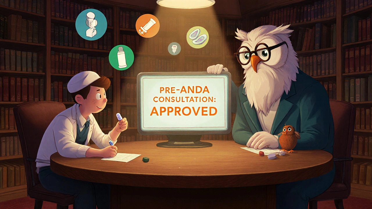 A startup pharmacist meets a corporate exec and FDA owl at a digital Pre-ANDA consultation.