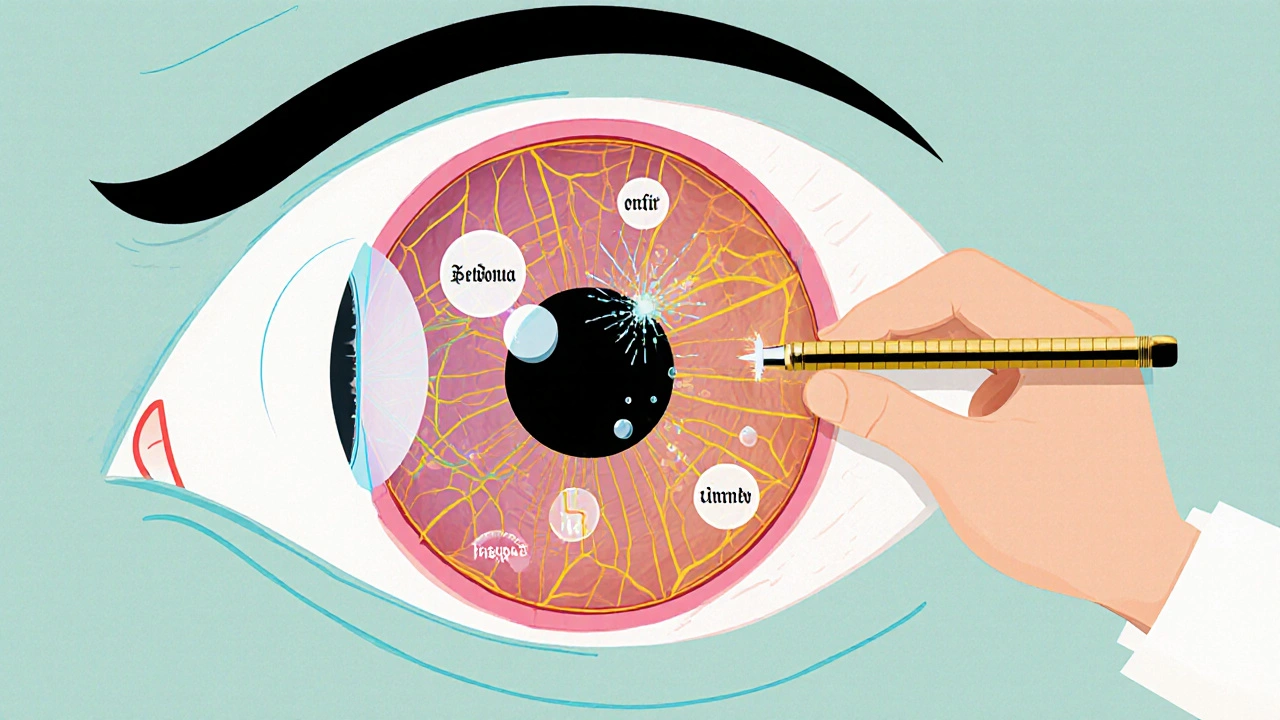 A transparent eye showing a bending lamina cribrosa under pressure, with crumbling nerve fibers and a doctor holding a tonometer nearby.