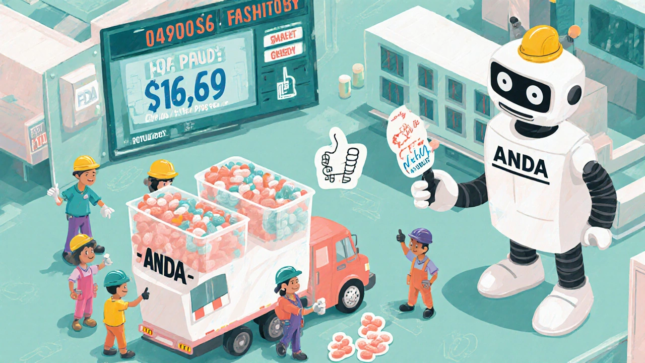 A whimsical factory scene with FDA robots and fee scoreboards sending pills to patients.