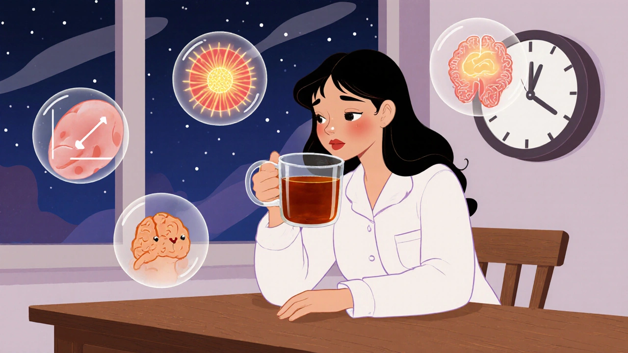 A woman drinking red bush tea at night with floating health icons representing blood sugar, skin, and calm.