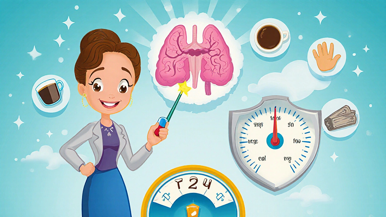 A woman holding a levothyroxine pill as a magic wand, balancing symptoms against a perfect TSH reading in a cheerful Disney-style illustration.