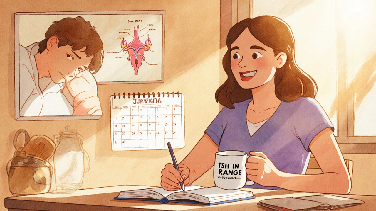 A woman journaling in a sunlit kitchen, with a thyroid diagram on the wall and her past self fading away as she smiles with TSH in range.