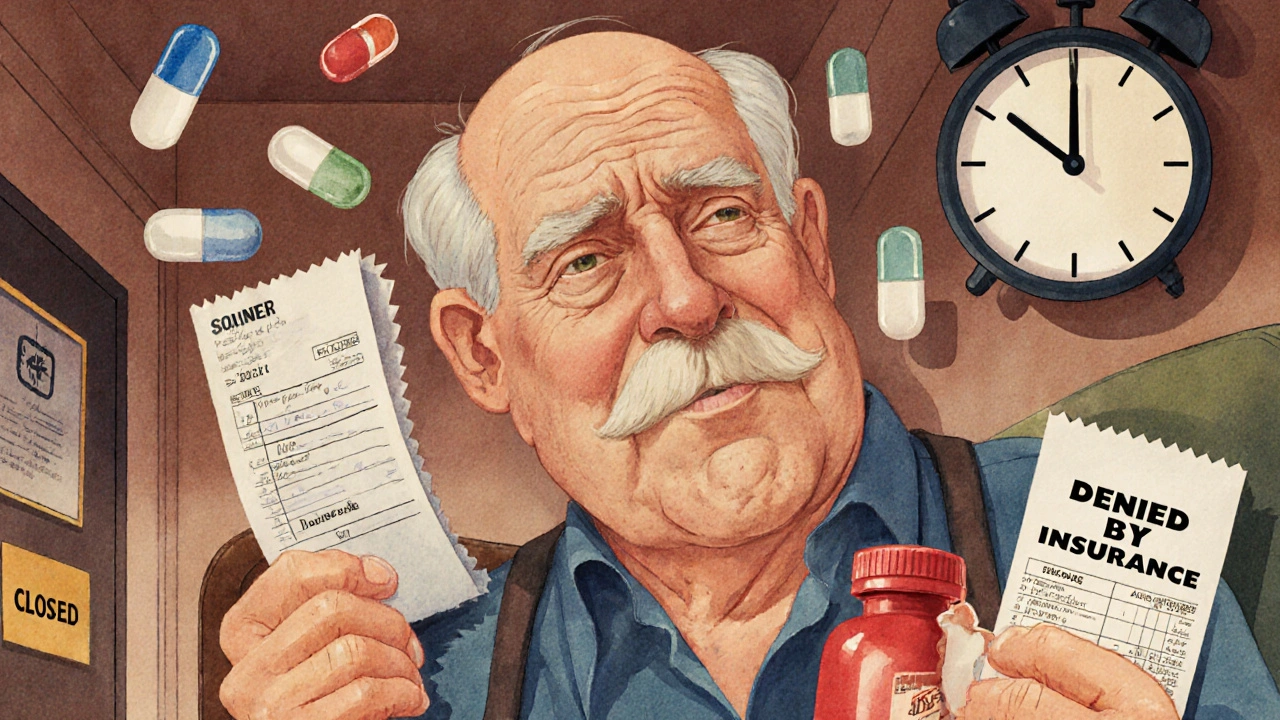 An elderly man struggling to manage medication amid life’s real-world challenges like work and insurance denial.