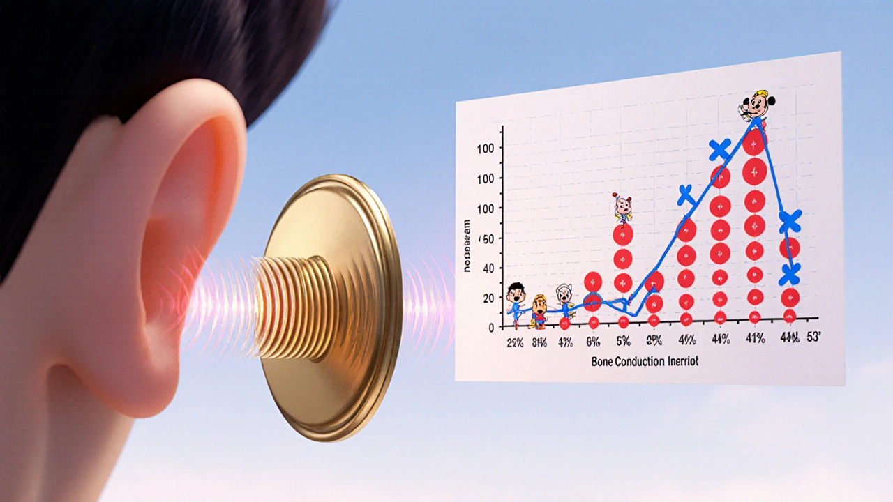 Animated audiogram showing hearing loss levels with fading speech sounds and bone conduction vibrations