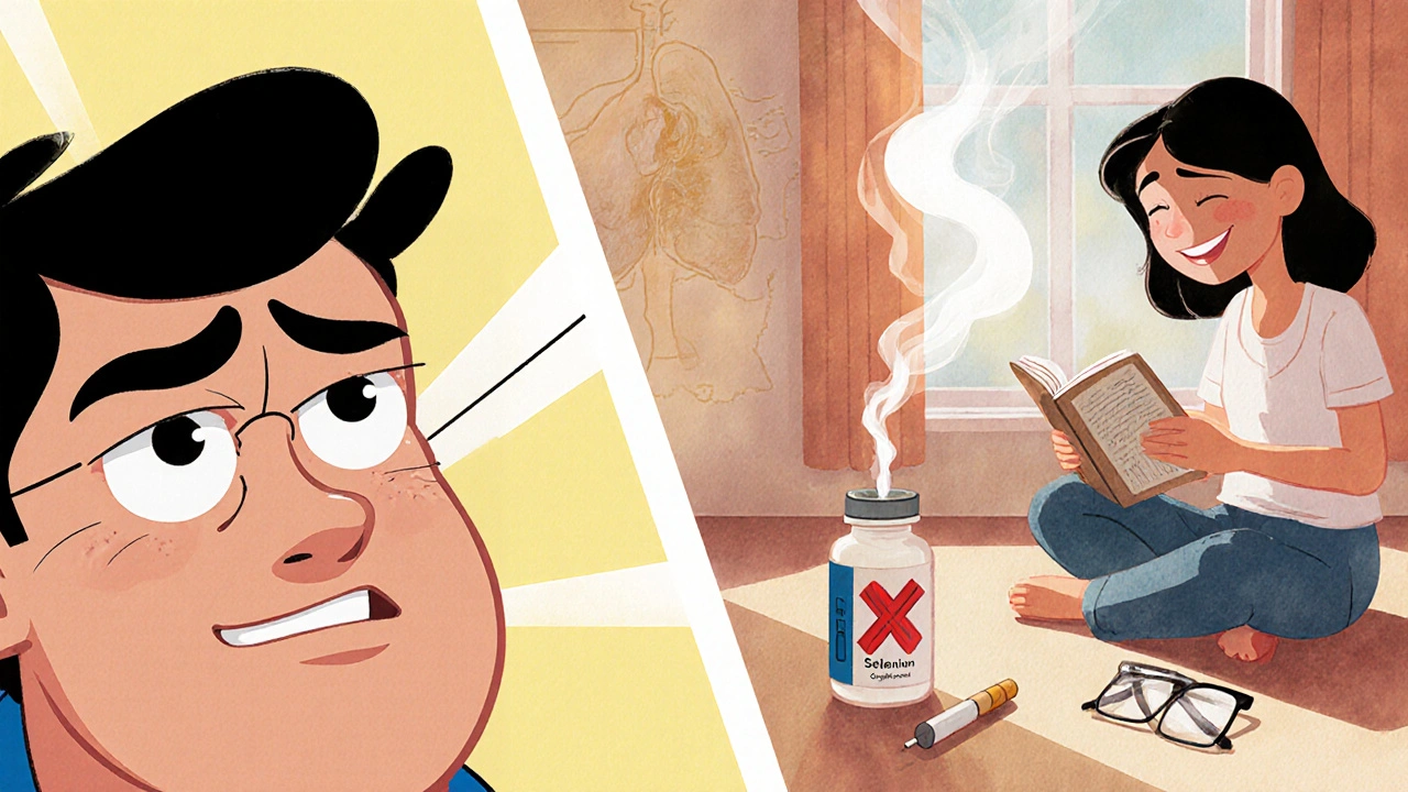 Before-and-after: person with double vision and retracted eyelids vs. smiling with normal vision, cigarette crossed out.