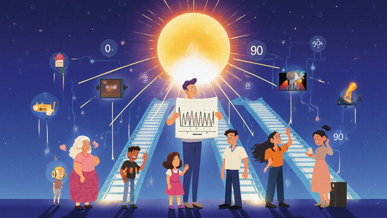 Diverse people connected to an audiologist by sound lines, with decibel staircases symbolizing hearing health