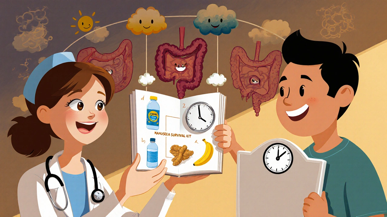 Doctor giving a patient a survival kit with ginger, water, and banana, as nausea turns to sunshine in Disney style.