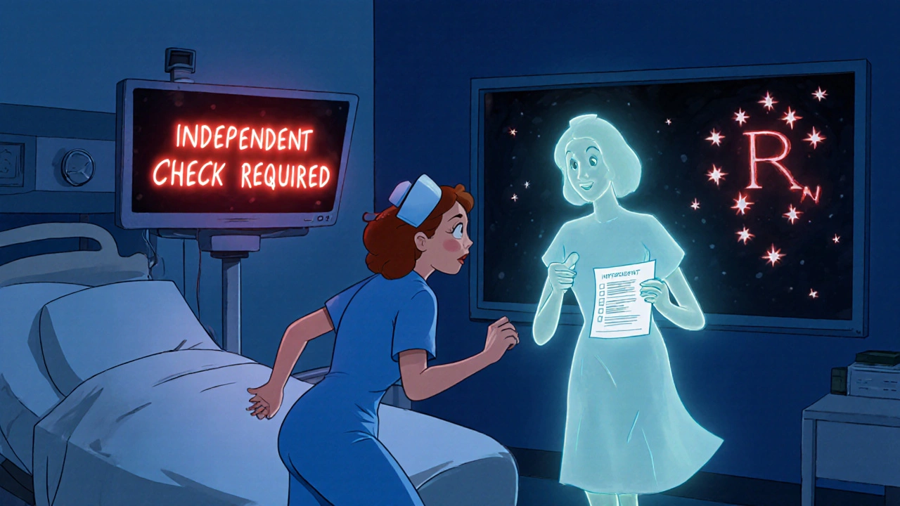 Nurse in emergency room hesitates as a ghostly second nurse appears, reminding her to perform an independent double check.