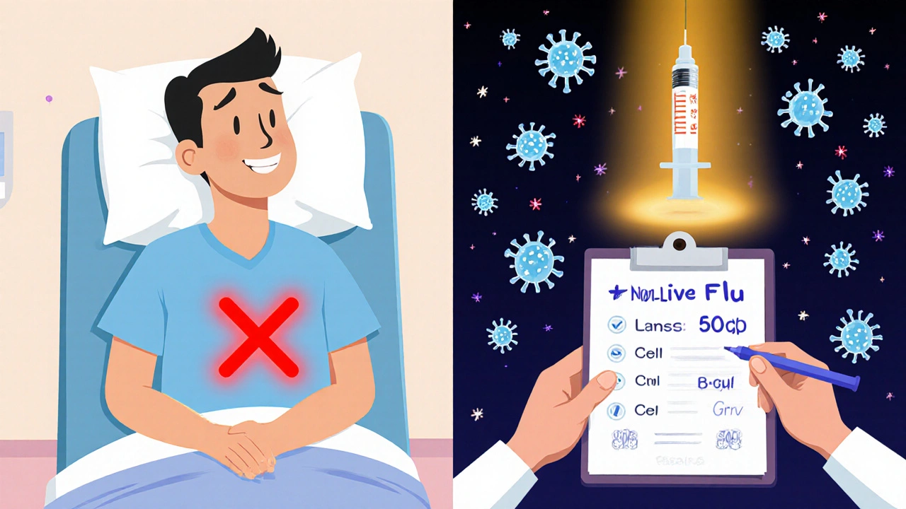 Patient receiving a flu shot with glowing B-cells rising, while live vaccine is marked with a red X.