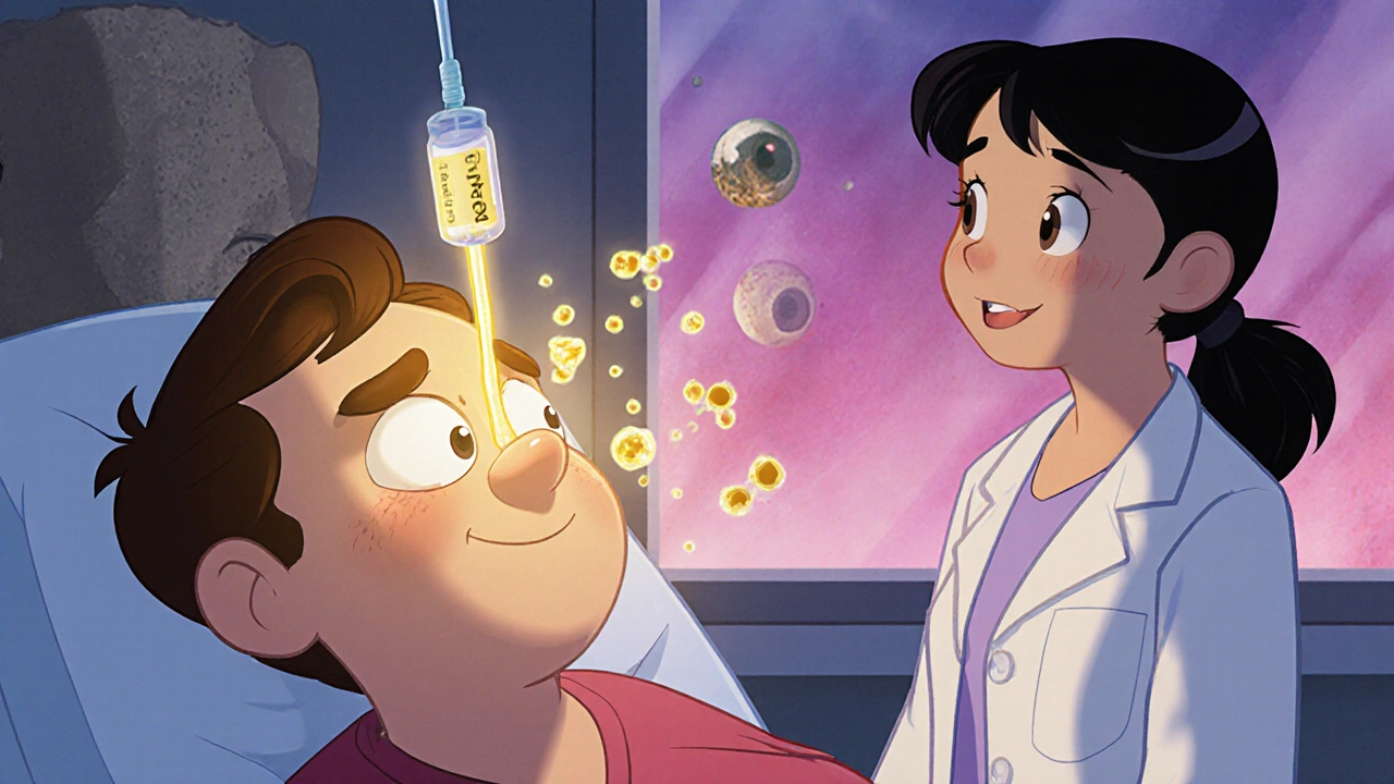 Patient receiving IV treatment as glowing energy reverses eye bulging, doctor watches with relief.