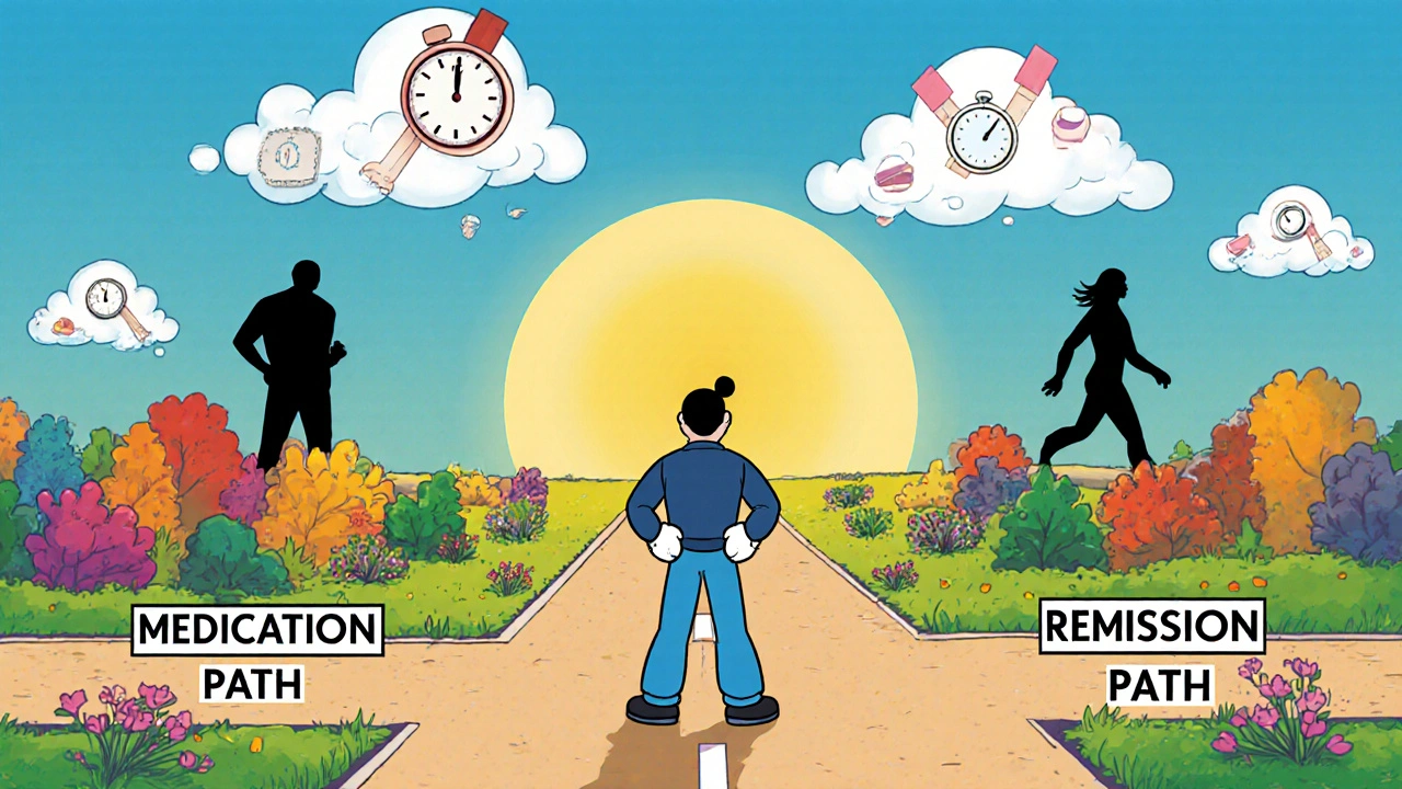 Person chooses remission path lined with healthy habits, leaving behind a fading diabetes shadow.