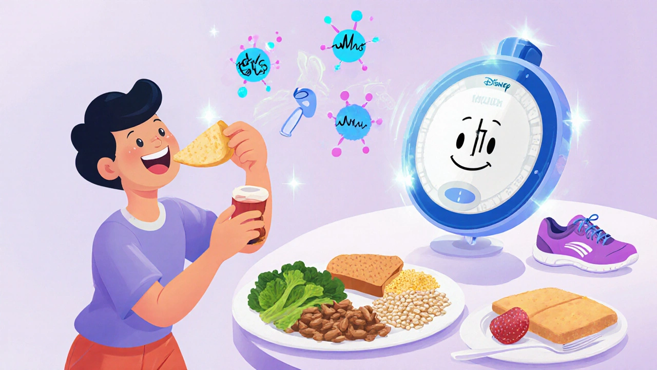 Person eating a healthy meal with insulin molecules guiding glucose to muscles in cheerful Disney style.