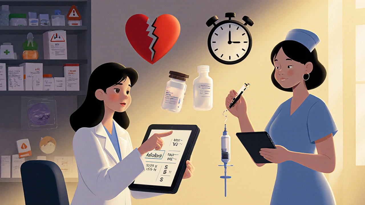 Pharmacist and nurse checking chemotherapy dosage separately with floating warning icons in a bright pharmacy setting.