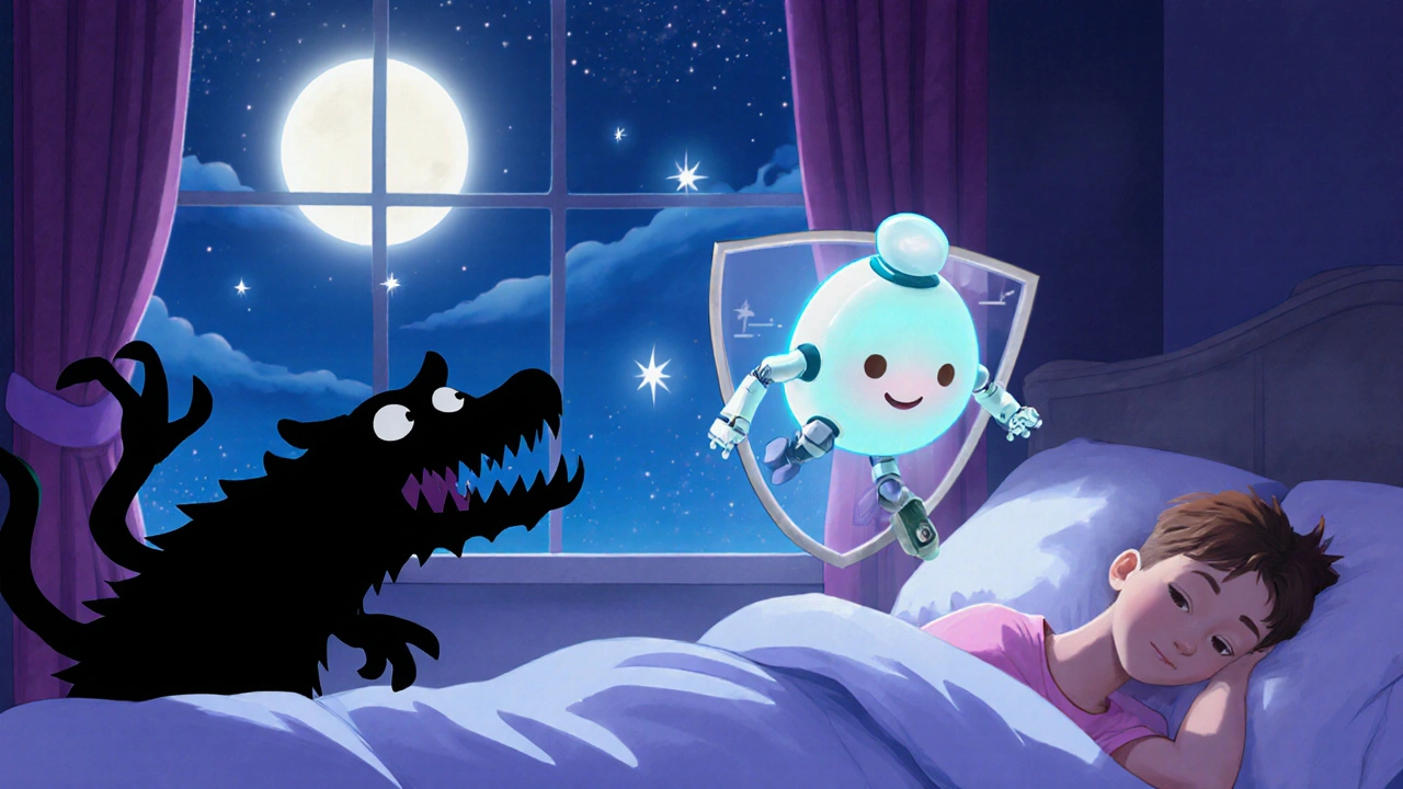 Sleeping person with a glowing artificial pancreas protecting them from hypoglycemia monsters in Disney fantasy style.