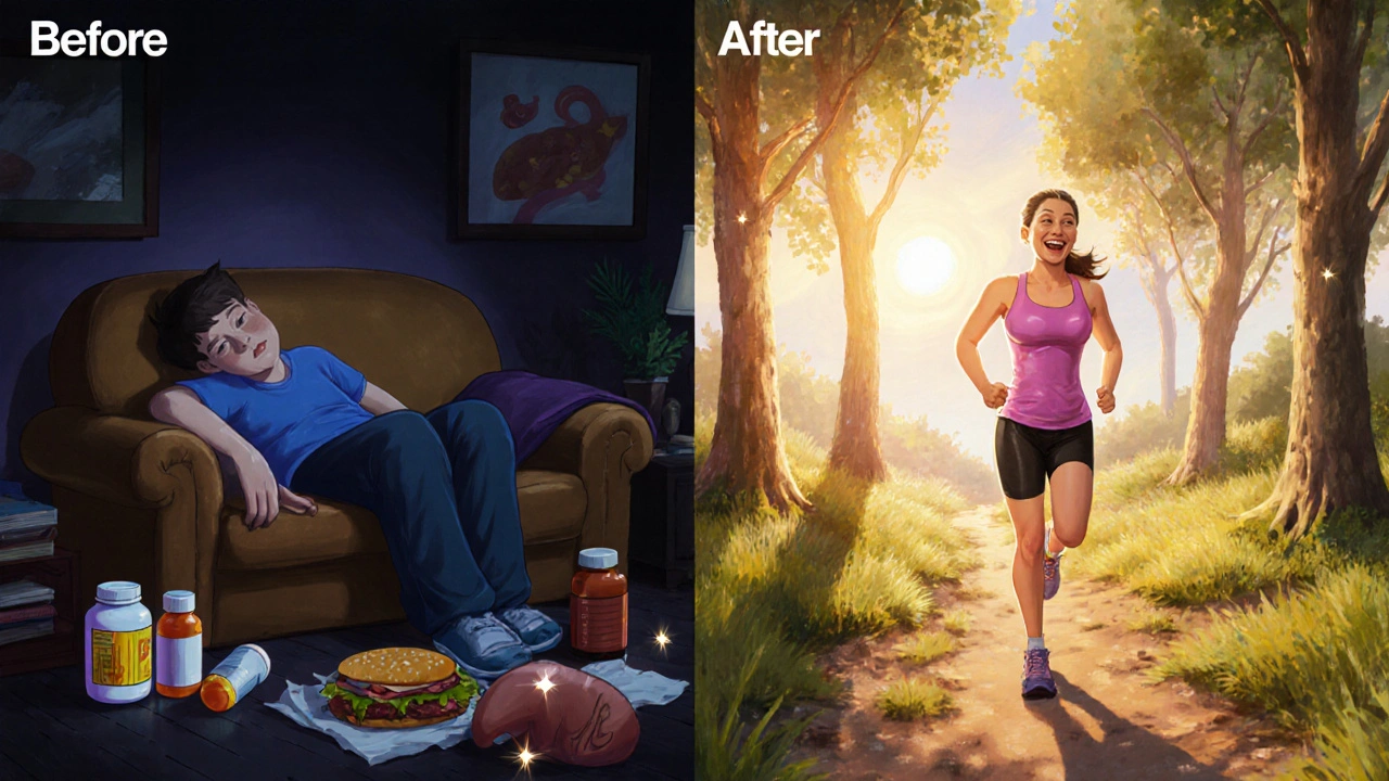 Split scene: person on couch with meds vs. same person hiking, fat melting from liver and pancreas.