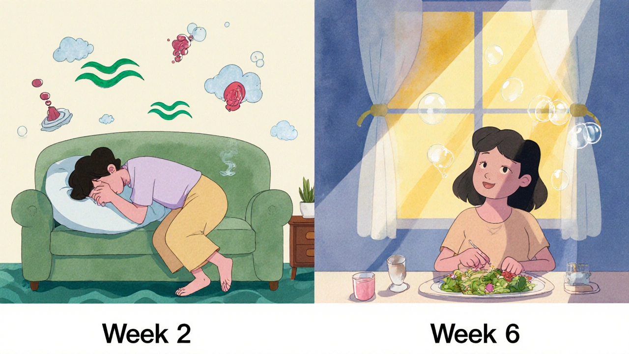 Split scene showing nausea fading over time: from sick on couch to eating salad happily, in Disney animation style.