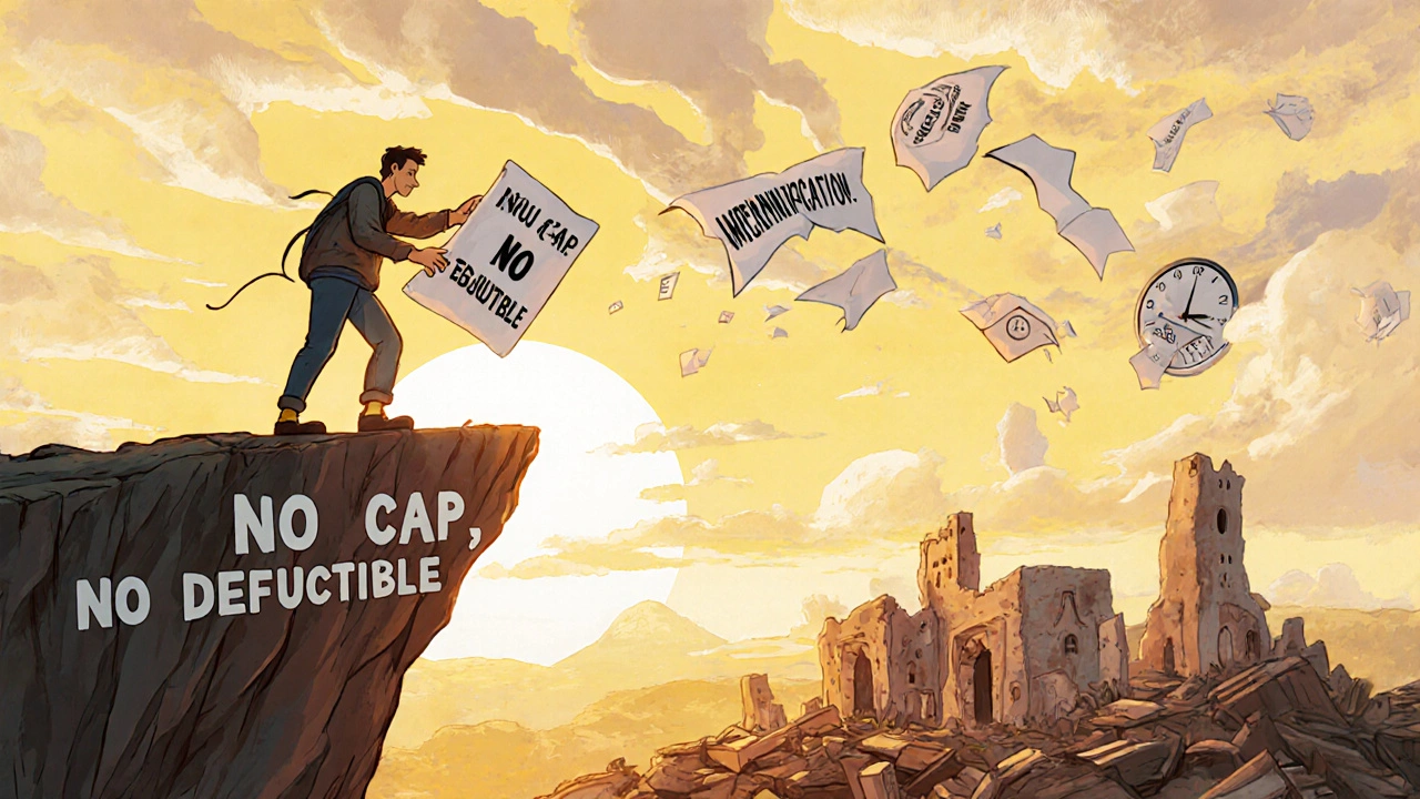 Startup founder on a cliff with failing indemnification shield, financial ruin below in Disney illustration.