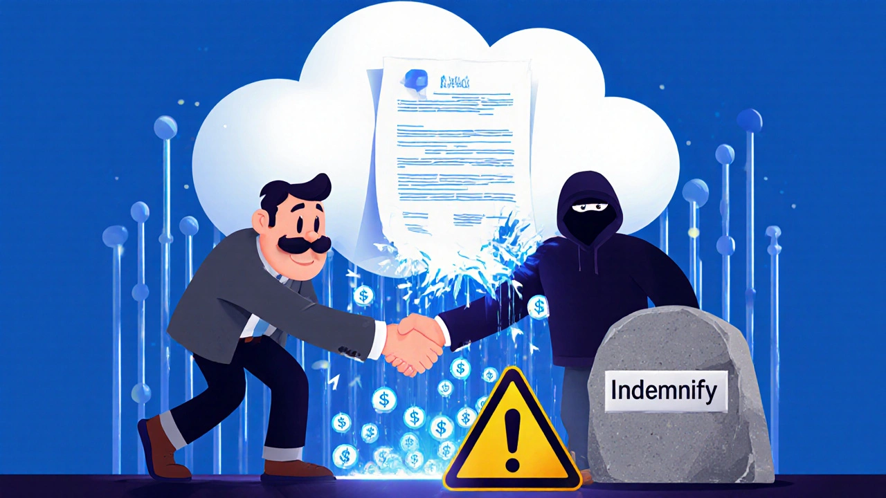 Vendor and buyer shake hands as a hacker breaches software, with indemnification symbolized by a heavy stone.