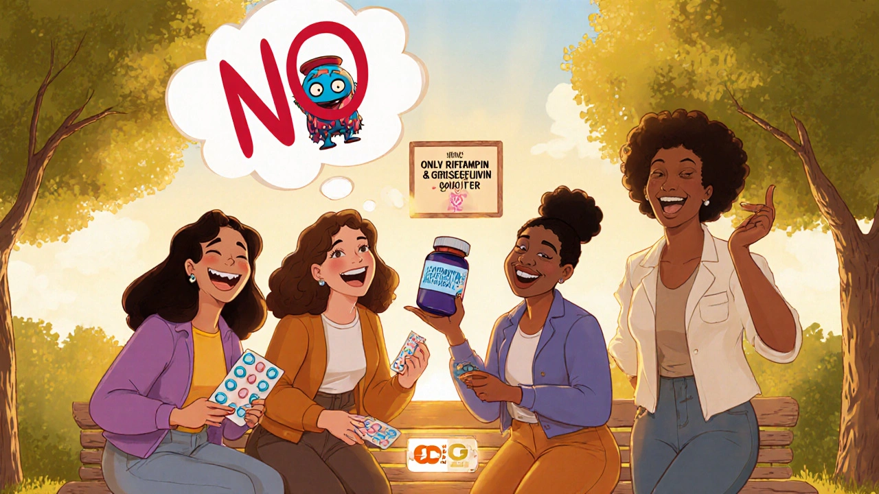 Women laughing in a park with a sign saying only two antibiotics affect birth control.