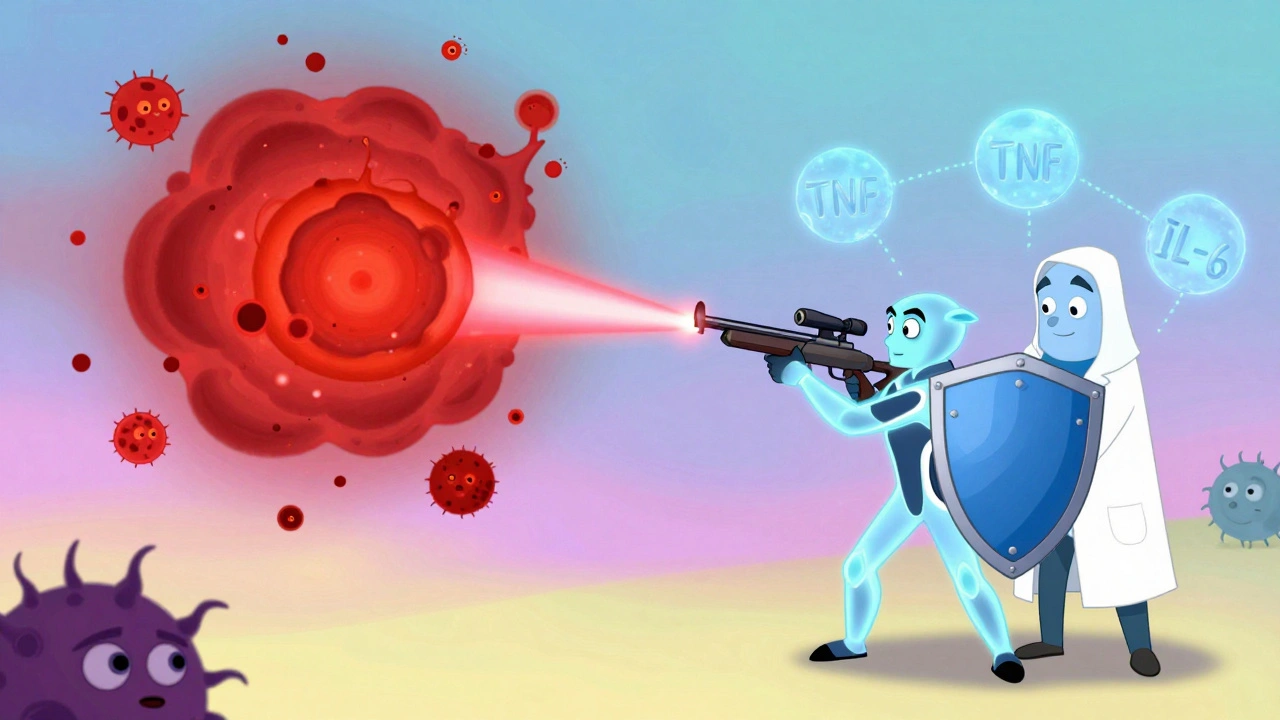 A biologic sniper and methotrexate sidekick team up to defeat cartoon immune system villains with glowing beams.