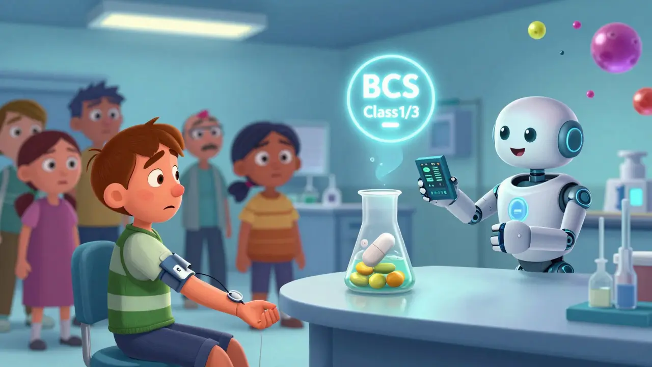 A contrast between a stressful blood test room and a calm lab with a dissolving pill and robot assistant.