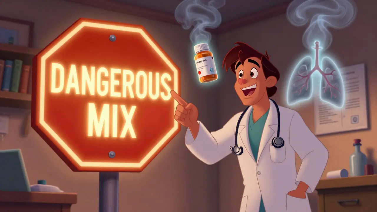 A doctor warns of a dangerous drug mix with a glowing stop sign and floating pill bottles emitting smoke.