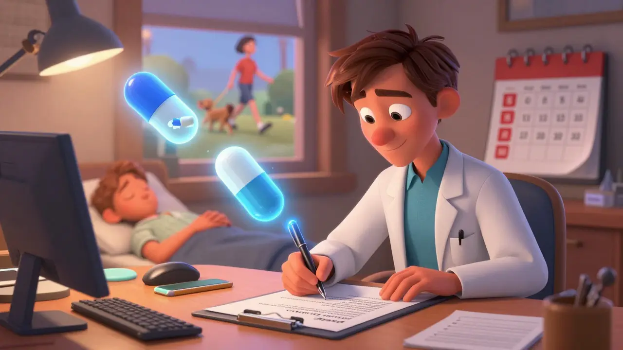 A doctor writes a medical necessity letter surrounded by glowing pills and peaceful patient symbols.