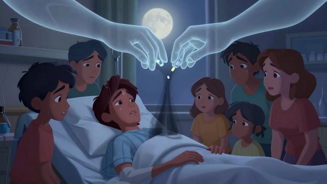 A family beside a hospital bed as ghostly hands clasp, releasing a dark vortex into the patient's chest.