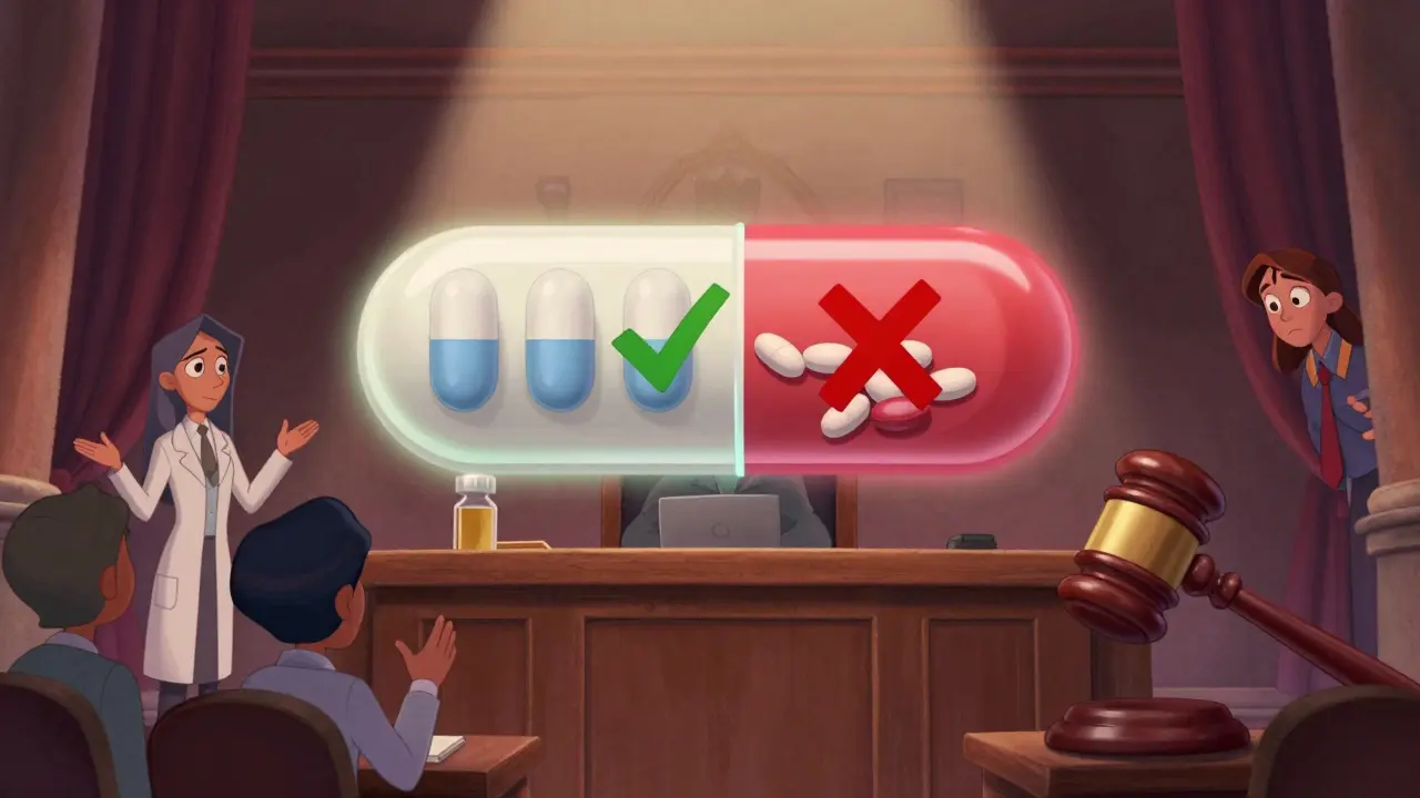 A floating prescription pill splits in court, one side green and approved, the other red and rejected.