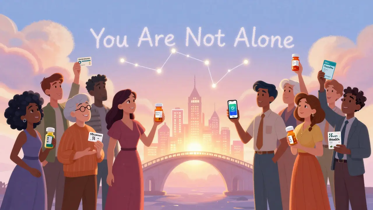 A group of diverse people holding pill bottles that turn into bridges leading to a city of affordable healthcare.