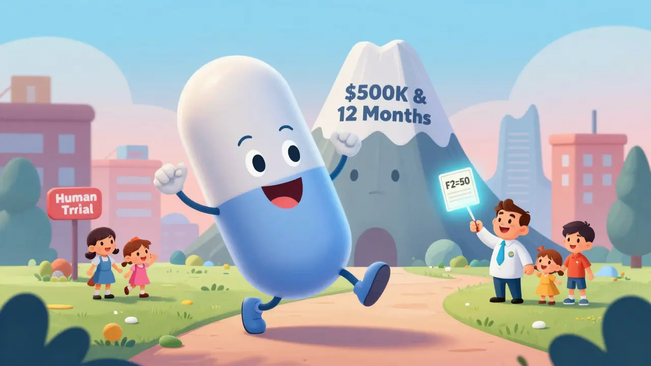 A happy generic pill skips past a giant 'Human Trial' mountain while an FDA inspector waves a certificate.
