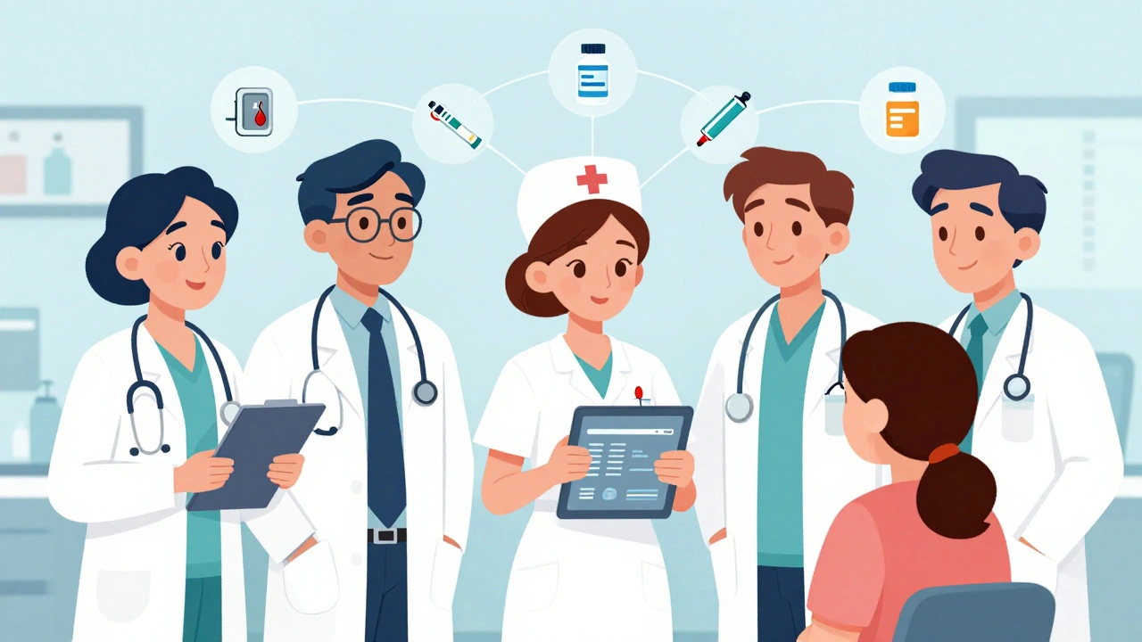 A healthcare team collaborating around a tablet showing patient data, with medication icons connecting them in a supportive circle.