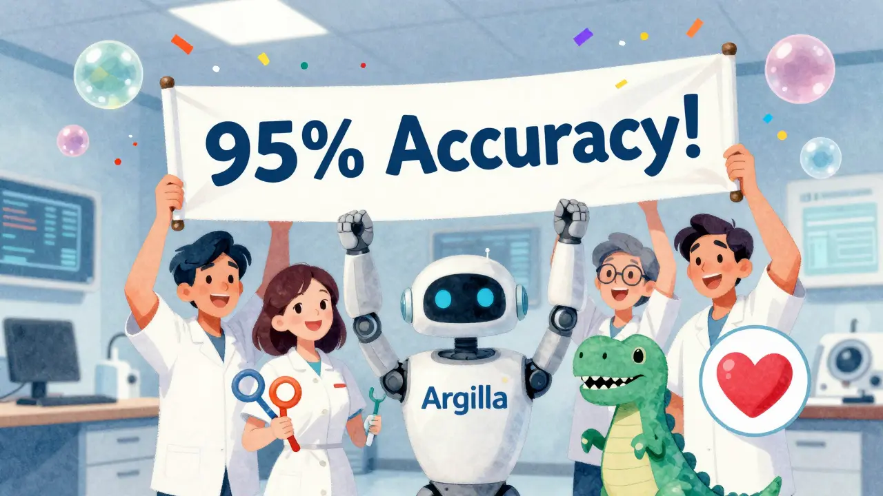 A joyful medical team celebrates corrected data as error bubbles turn to confetti in a bright lab.