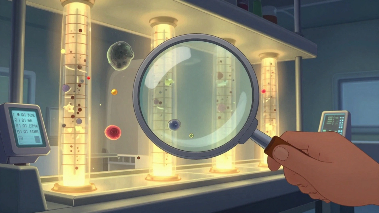 A magnifying glass revealing hidden contaminants being filtered in a glowing pharmaceutical lab.