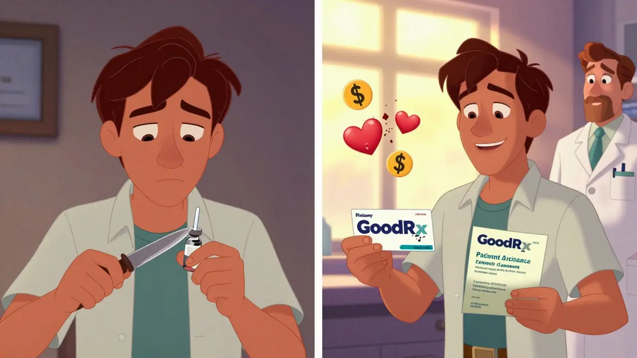 A man splitting an insulin vial on one side, receiving free medication on the other, with sunlight symbolizing hope.