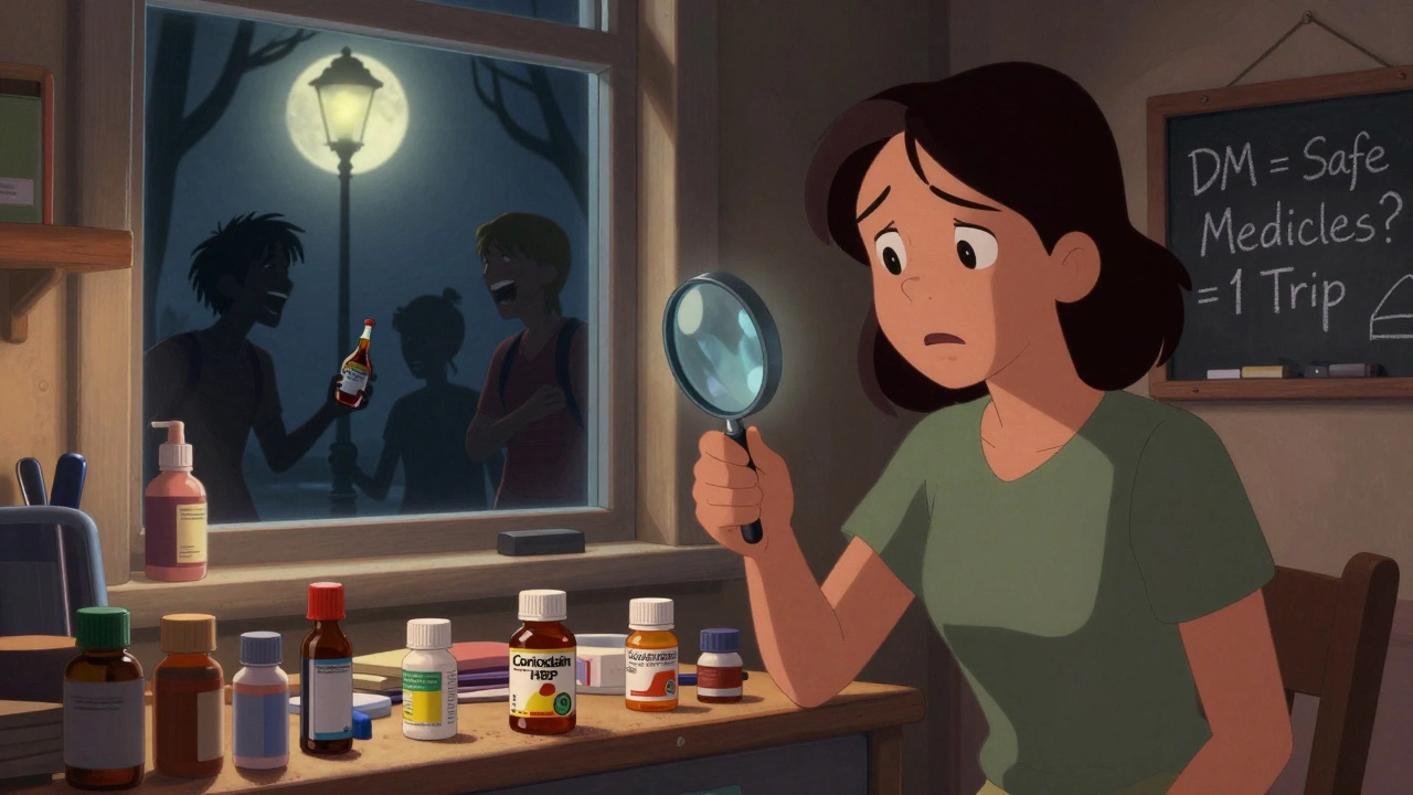 A parent examines a cough syrup bottle in a medicine cabinet while shadowy teens gather outside under a streetlamp.