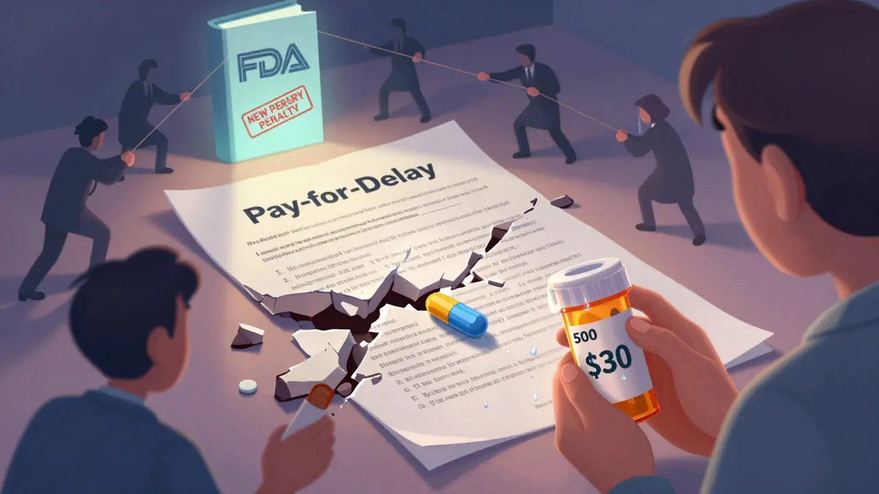 A patient cries over an expensive pill while a cheap generic is trapped under a settlement contract.