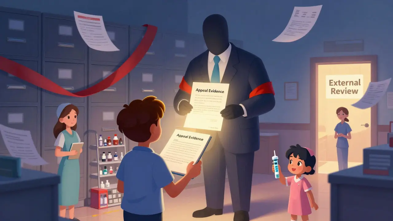 A patient defeats a bureaucratic figure made of paperwork with evidence that shines like a beacon.