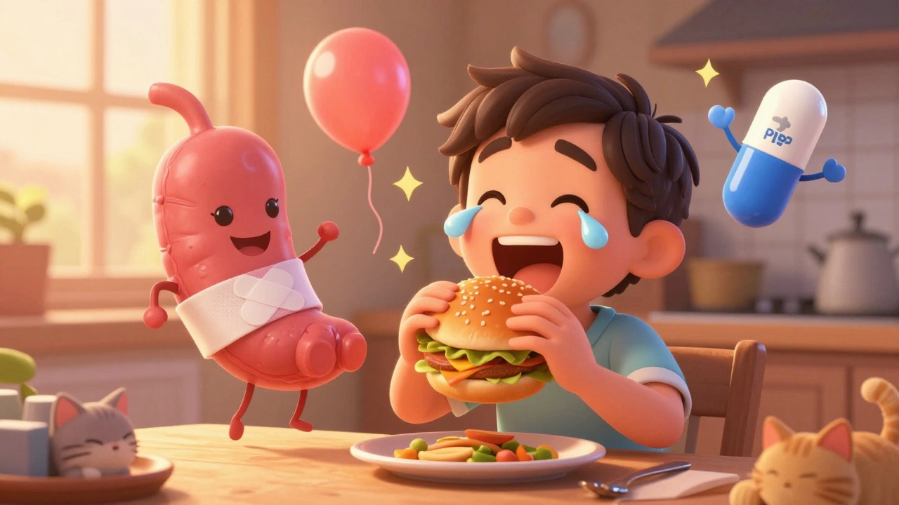 A patient happily eating a burger after treatment, surrounded by animated medical icons in a cozy kitchen.