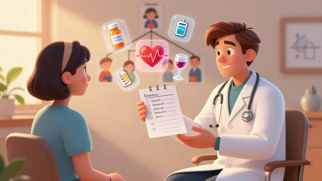 A patient shows a doctor a handwritten list of meds and supplements, with health history icons floating nearby.