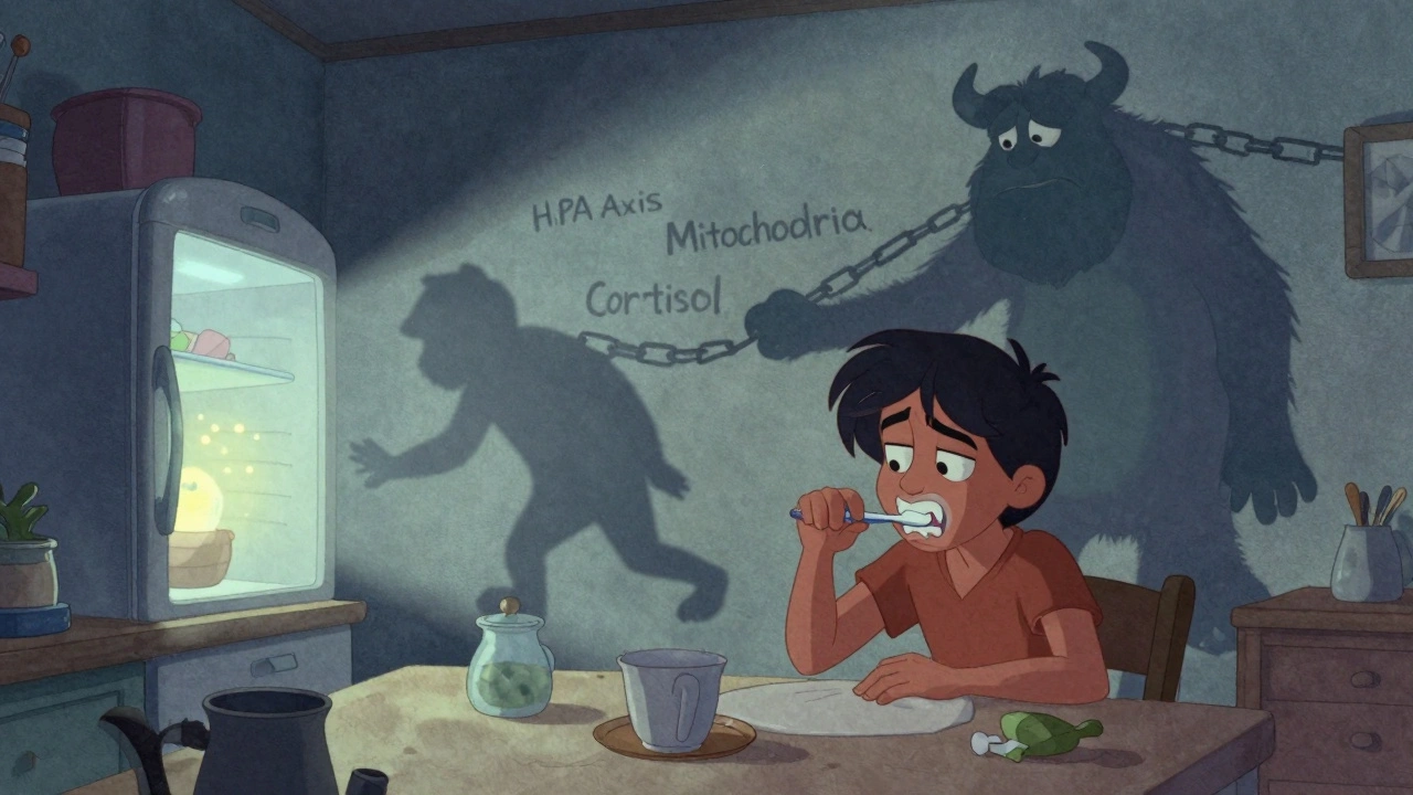 A person struggles to brush their teeth, their shadow transformed into a heavy monster representing autoimmune fatigue in Disney animation style.