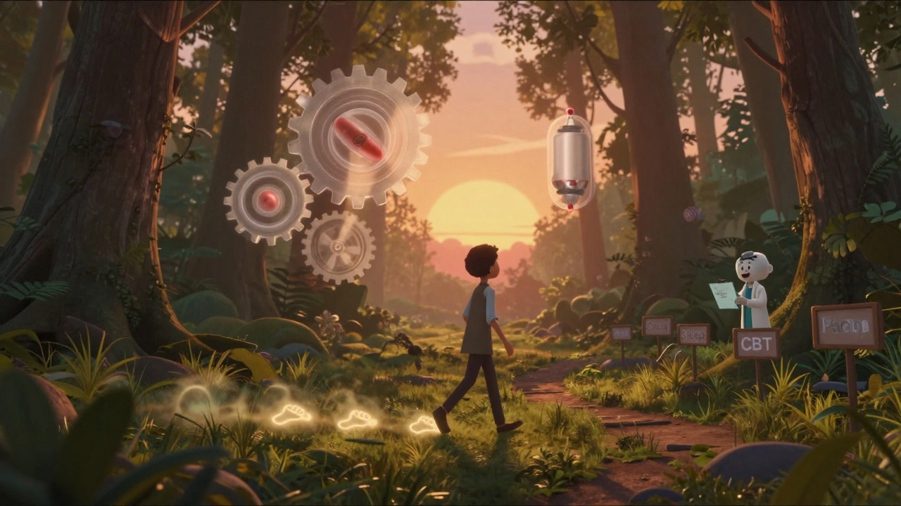 A person walks through a forest with fading footsteps and slow-moving mitochondria, symbolizing low energy and hope on the horizon.